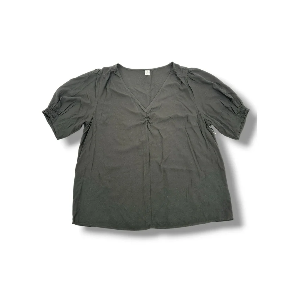 Old Navy Black Cinch Top L Puff Sleeve V Neck Blouse Minimalist Casual Office